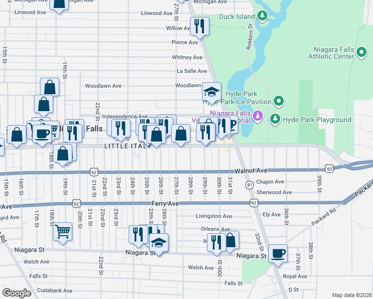 map of restaurants, bars, coffee shops, grocery stores, and more near 2701 Pine Avenue in Niagara Falls