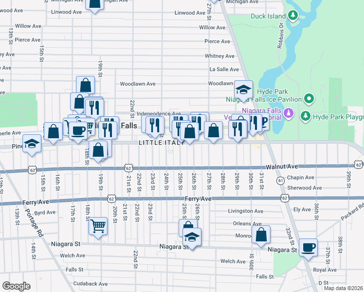 map of restaurants, bars, coffee shops, grocery stores, and more near in Niagara Falls