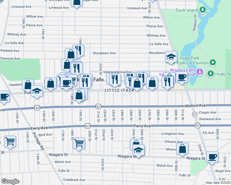 map of restaurants, bars, coffee shops, grocery stores, and more near in Niagara Falls