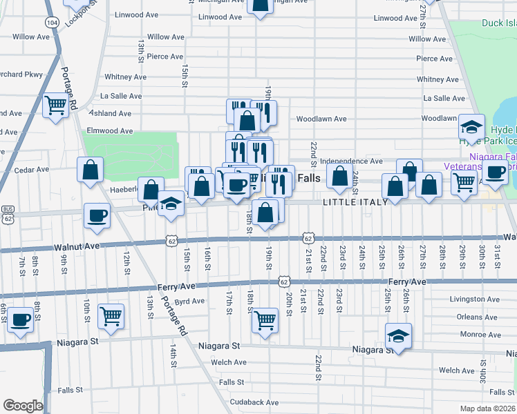 map of restaurants, bars, coffee shops, grocery stores, and more near in Niagara Falls