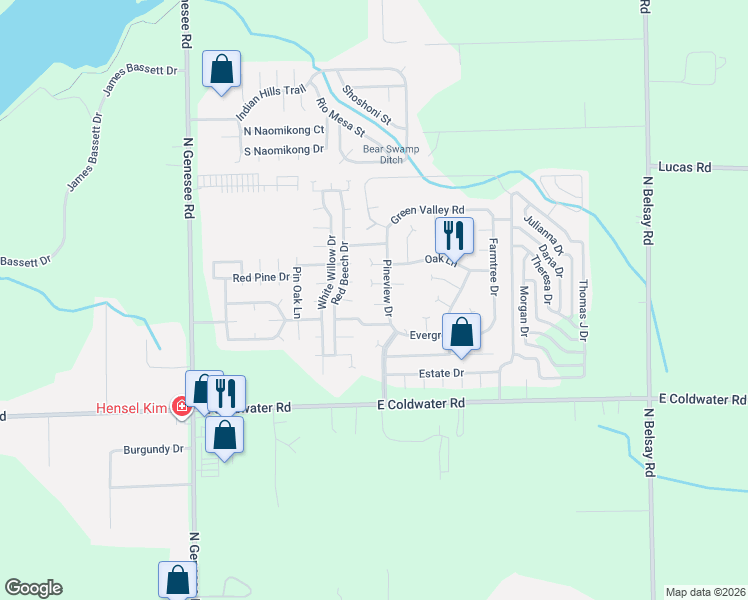 map of restaurants, bars, coffee shops, grocery stores, and more near 558 Sweetleaf Drive in Flint