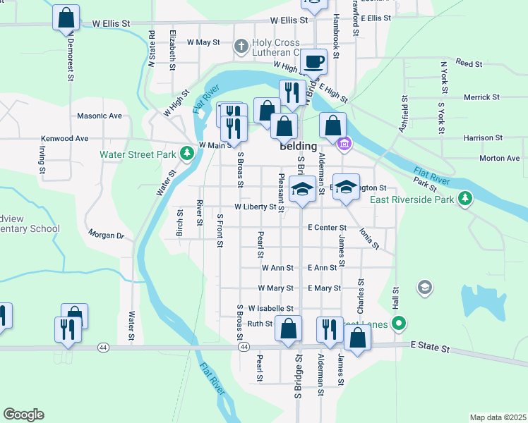 map of restaurants, bars, coffee shops, grocery stores, and more near 319 West Liberty Street in Belding