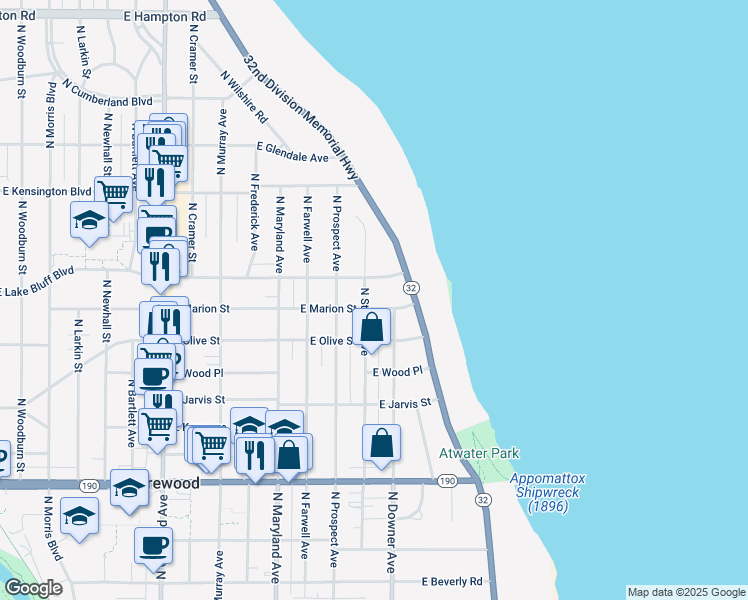 map of restaurants, bars, coffee shops, grocery stores, and more near 4301 North Stowell Avenue in Shorewood