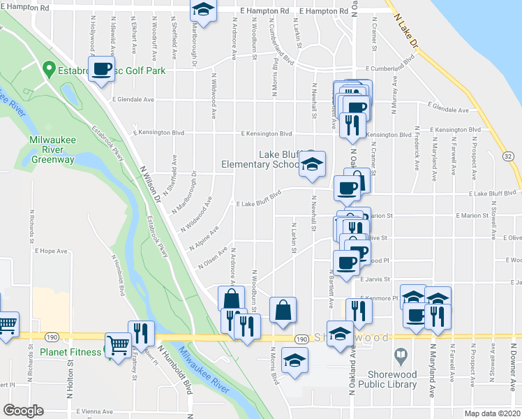 map of restaurants, bars, coffee shops, grocery stores, and more near 4349 North Morris Boulevard in Shorewood