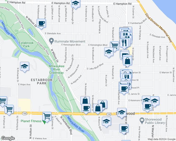 map of restaurants, bars, coffee shops, grocery stores, and more near 4349 North Woodburn Street in Shorewood