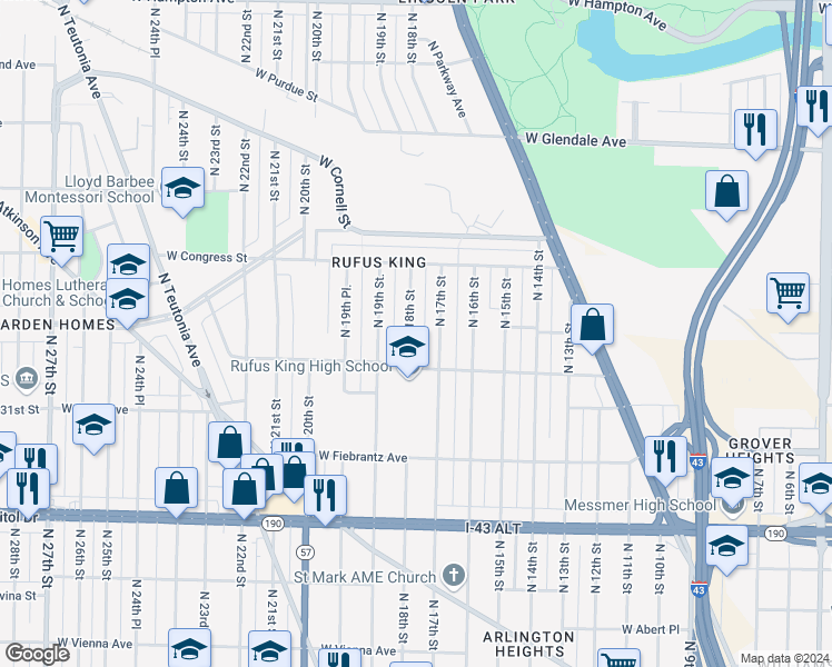 map of restaurants, bars, coffee shops, grocery stores, and more near 4242 North 18th Street in Milwaukee