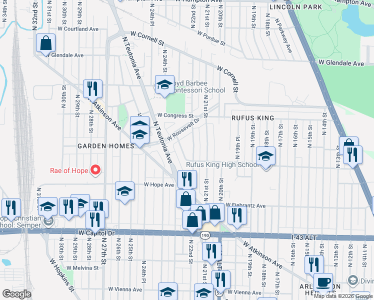 map of restaurants, bars, coffee shops, grocery stores, and more near 2307 West Olive Street in Milwaukee