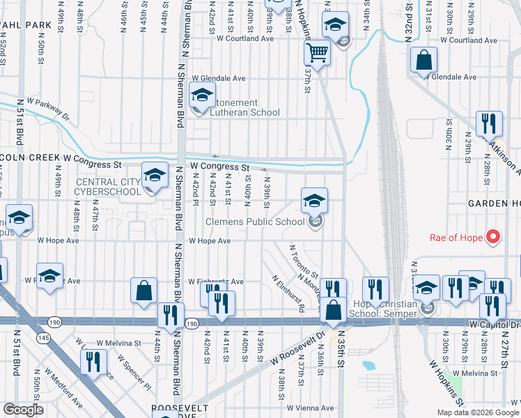 map of restaurants, bars, coffee shops, grocery stores, and more near 4270 North 39th Street in Milwaukee
