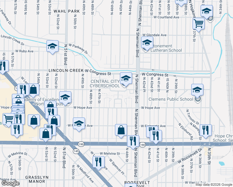 map of restaurants, bars, coffee shops, grocery stores, and more near 4515 West Marion Street in Milwaukee
