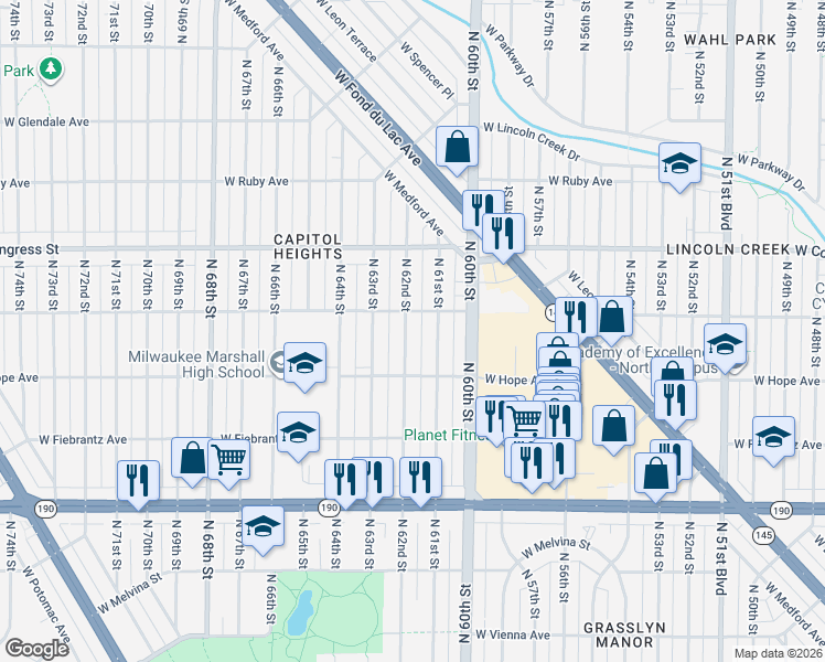 map of restaurants, bars, coffee shops, grocery stores, and more near 4265 North 61st Street in Milwaukee