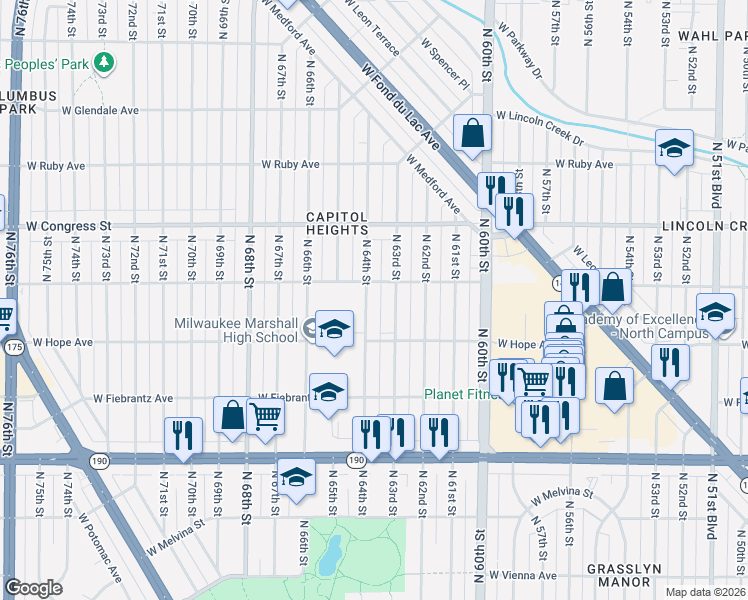 map of restaurants, bars, coffee shops, grocery stores, and more near 4260 North 64th Street in Milwaukee