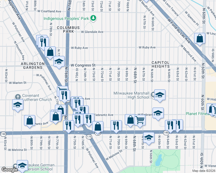 map of restaurants, bars, coffee shops, grocery stores, and more near 4262 North 71st Street in Milwaukee