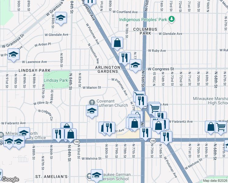 map of restaurants, bars, coffee shops, grocery stores, and more near 4261 North 78th Street in Milwaukee