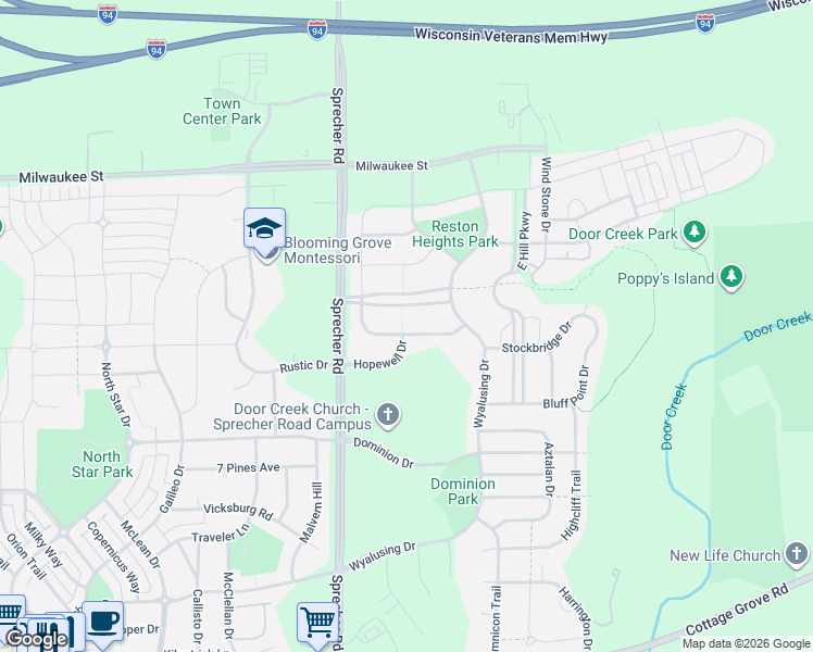 map of restaurants, bars, coffee shops, grocery stores, and more near 6710 Annestown Drive in Madison
