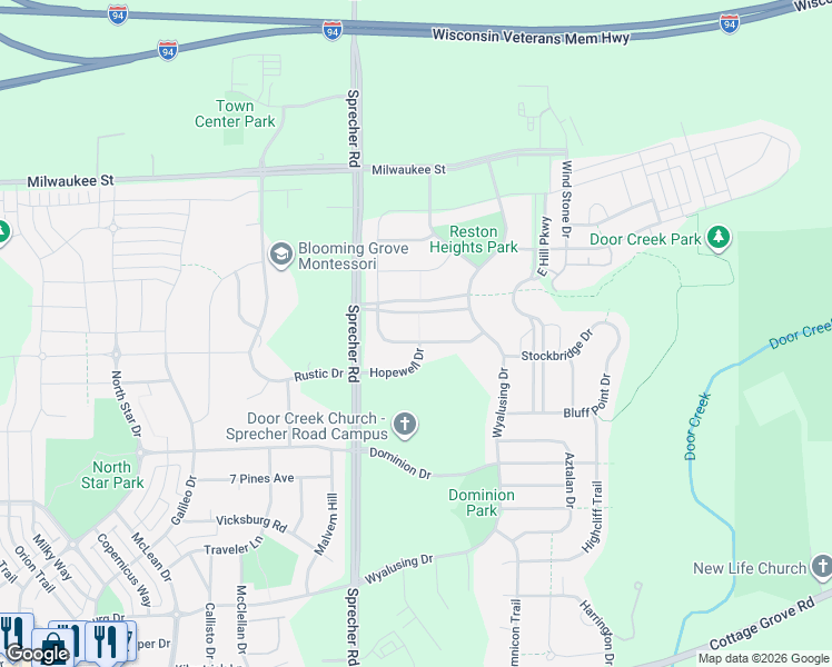 map of restaurants, bars, coffee shops, grocery stores, and more near 6634 Annestown Drive in Madison