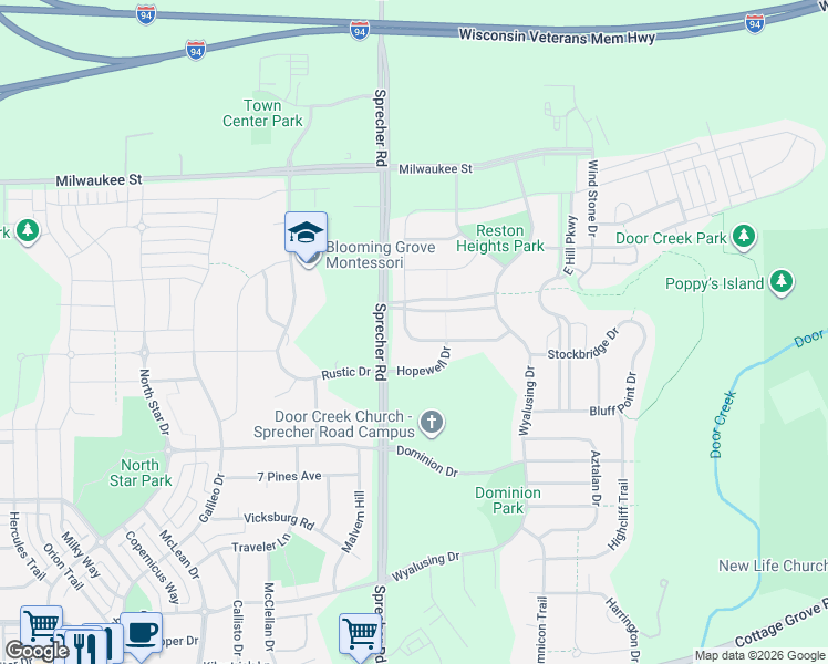 map of restaurants, bars, coffee shops, grocery stores, and more near 6634 Annestown Drive in Madison