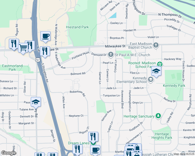 map of restaurants, bars, coffee shops, grocery stores, and more near 214 Belmont Circle in Madison