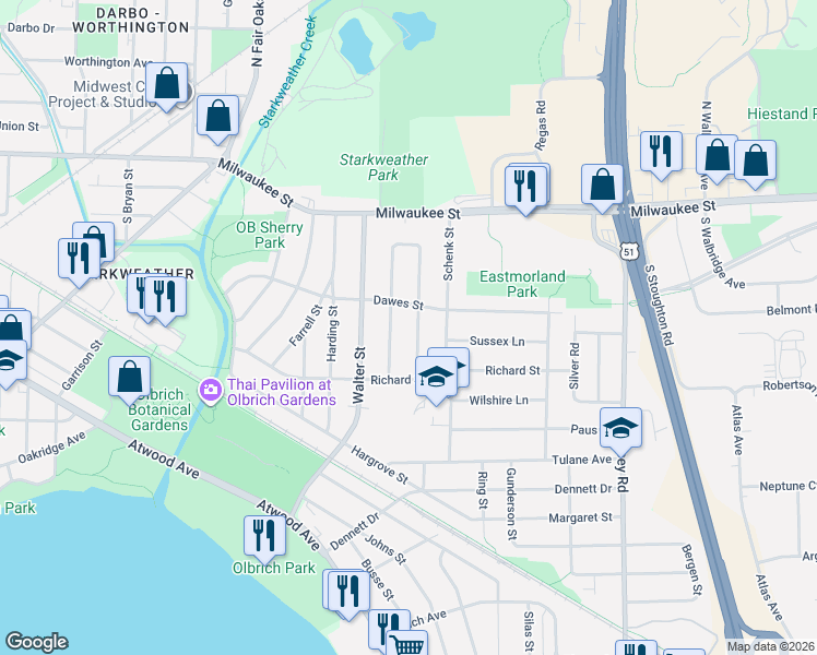 map of restaurants, bars, coffee shops, grocery stores, and more near 110 Cumberland Lane in Madison