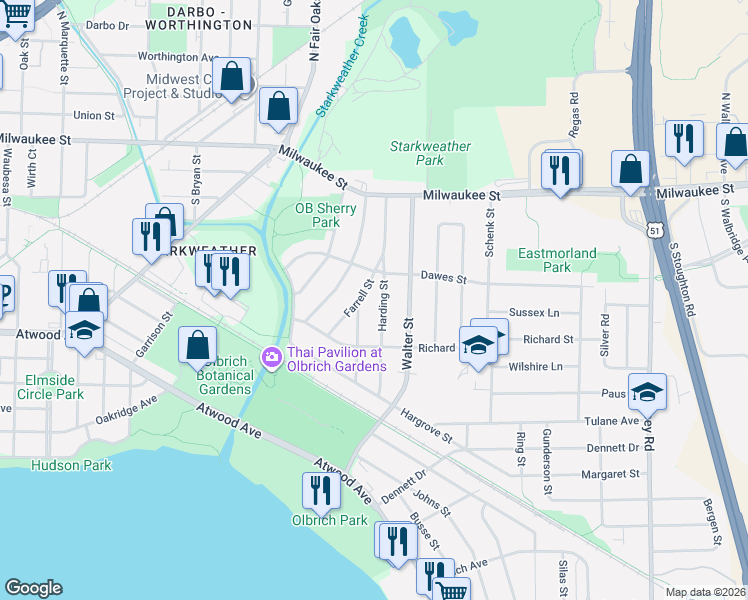 map of restaurants, bars, coffee shops, grocery stores, and more near 122 Harding Street in Madison
