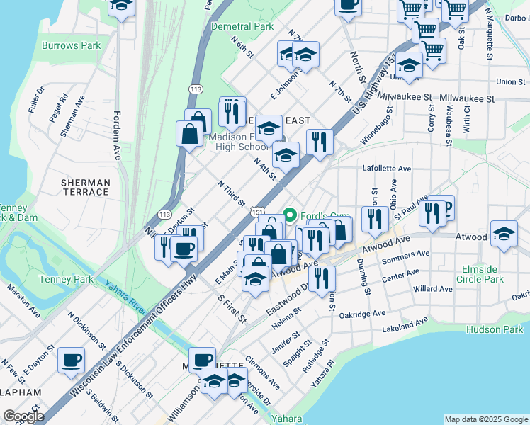 map of restaurants, bars, coffee shops, grocery stores, and more near 2119 East Washington Avenue in Madison