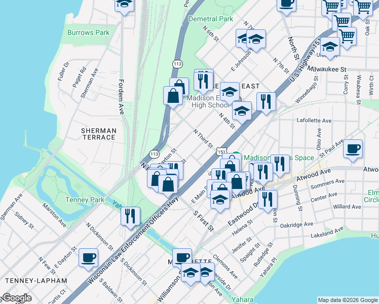 map of restaurants, bars, coffee shops, grocery stores, and more near 2026 East Mifflin Street in Madison