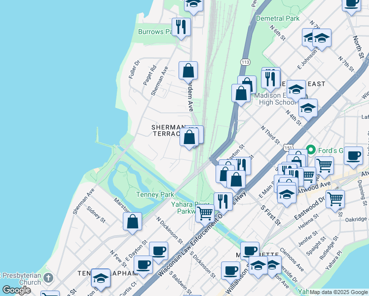 map of restaurants, bars, coffee shops, grocery stores, and more near 1740 Fordem Avenue in Madison