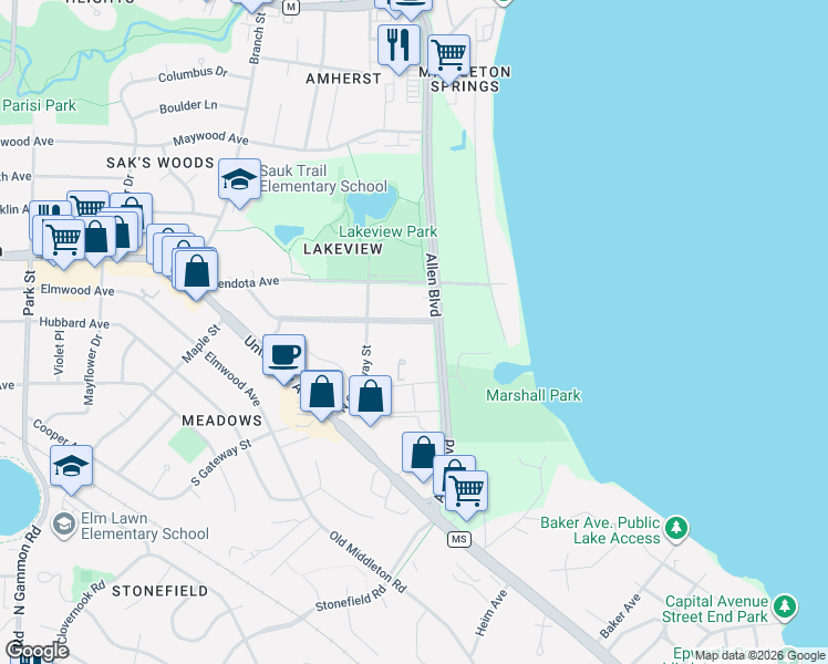 map of restaurants, bars, coffee shops, grocery stores, and more near 6211 Lakeview Boulevard in Middleton