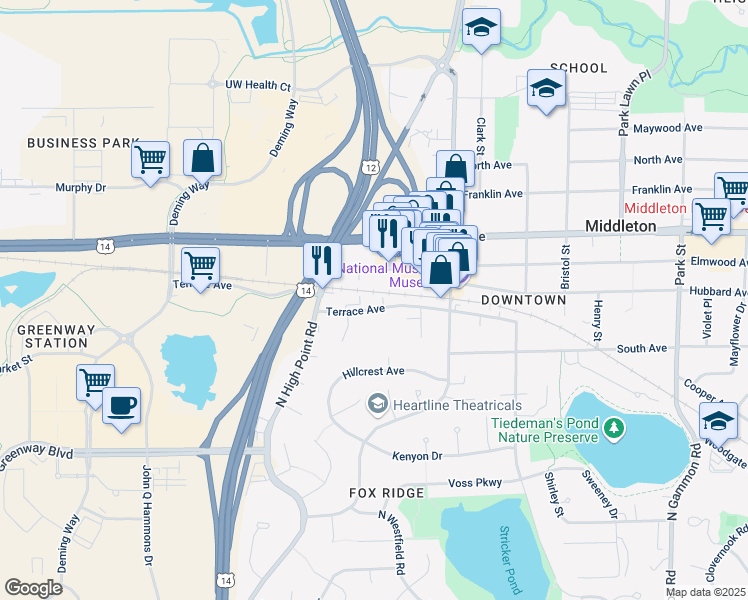 map of restaurants, bars, coffee shops, grocery stores, and more near 7710 Terrace Avenue in Middleton