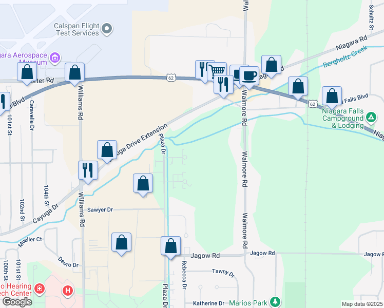 map of restaurants, bars, coffee shops, grocery stores, and more near 2185 Amy Drive in Niagara Falls