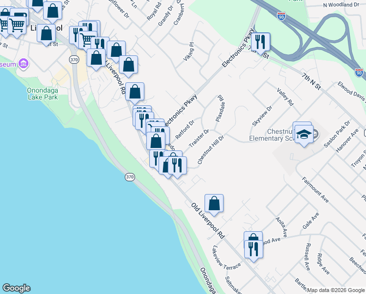 map of restaurants, bars, coffee shops, grocery stores, and more near 107 Traister Drive in Liverpool