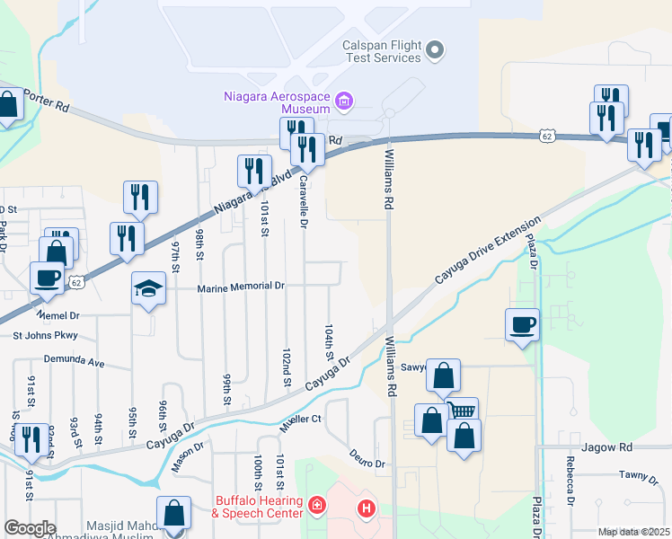 map of restaurants, bars, coffee shops, grocery stores, and more near 10321 Loretta Drive in Niagara Falls