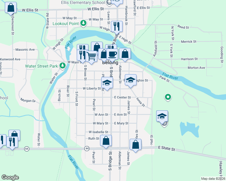 map of restaurants, bars, coffee shops, grocery stores, and more near 111 East Liberty Street in Belding