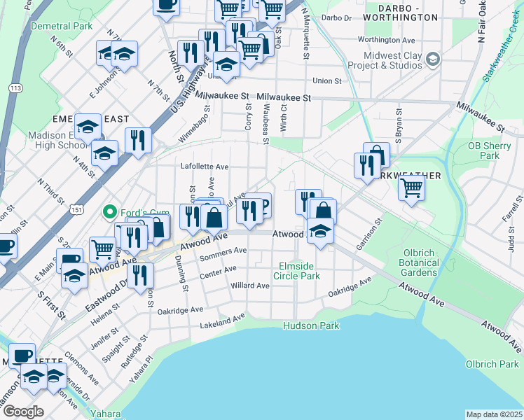 map of restaurants, bars, coffee shops, grocery stores, and more near 229 Corry Street in Madison