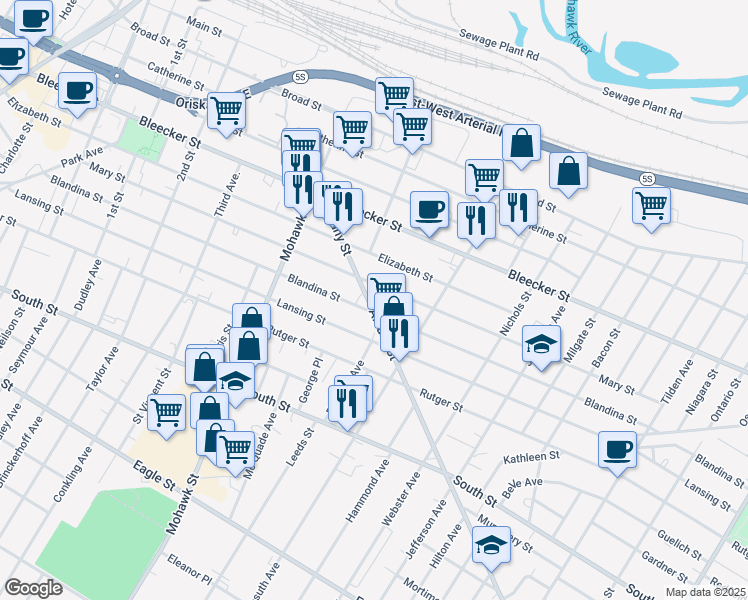 map of restaurants, bars, coffee shops, grocery stores, and more near 717 Albany Street in Utica