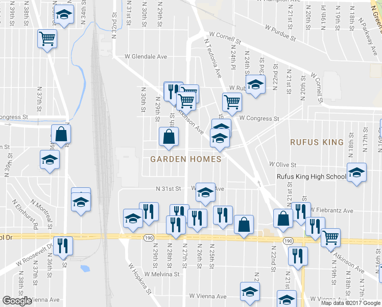 map of restaurants, bars, coffee shops, grocery stores, and more near 2629 West Roosevelt Drive in Milwaukee