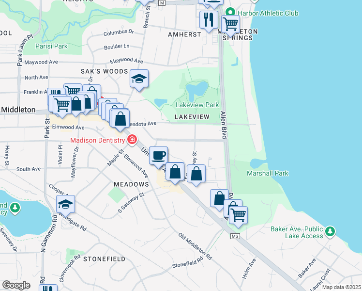 map of restaurants, bars, coffee shops, grocery stores, and more near 6313 Lakeview Boulevard in Middleton