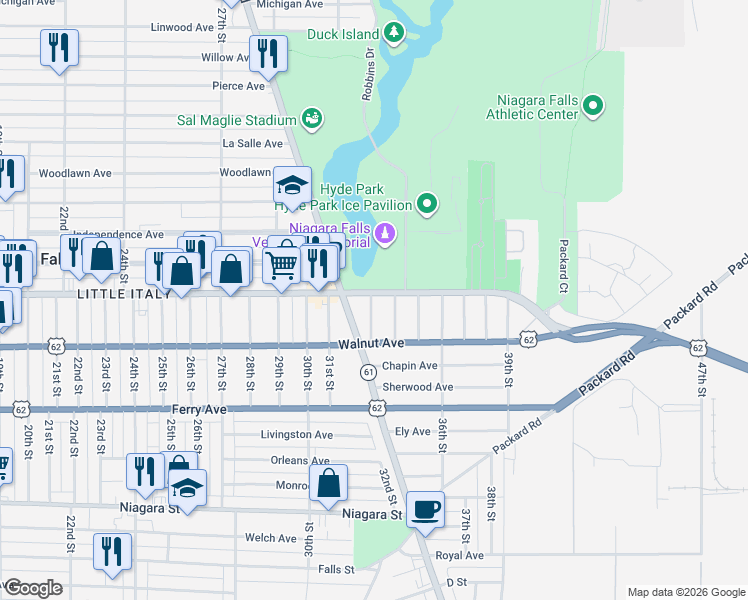 map of restaurants, bars, coffee shops, grocery stores, and more near 3303 Pine Avenue in Niagara Falls