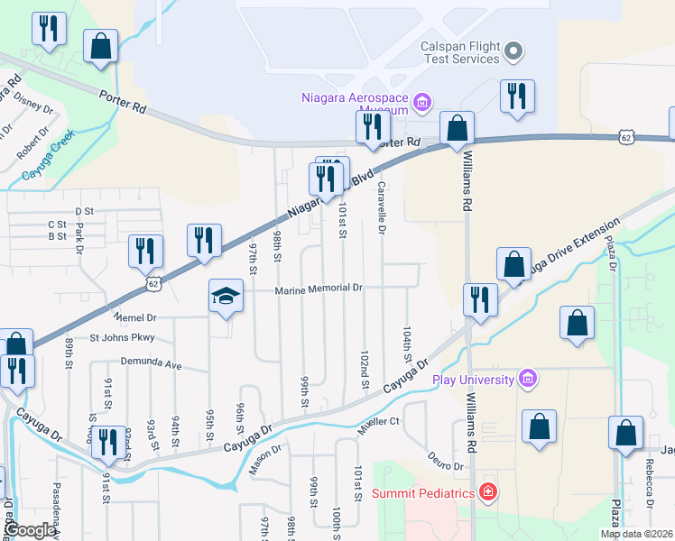 map of restaurants, bars, coffee shops, grocery stores, and more near 1513 101st Street in Niagara Falls