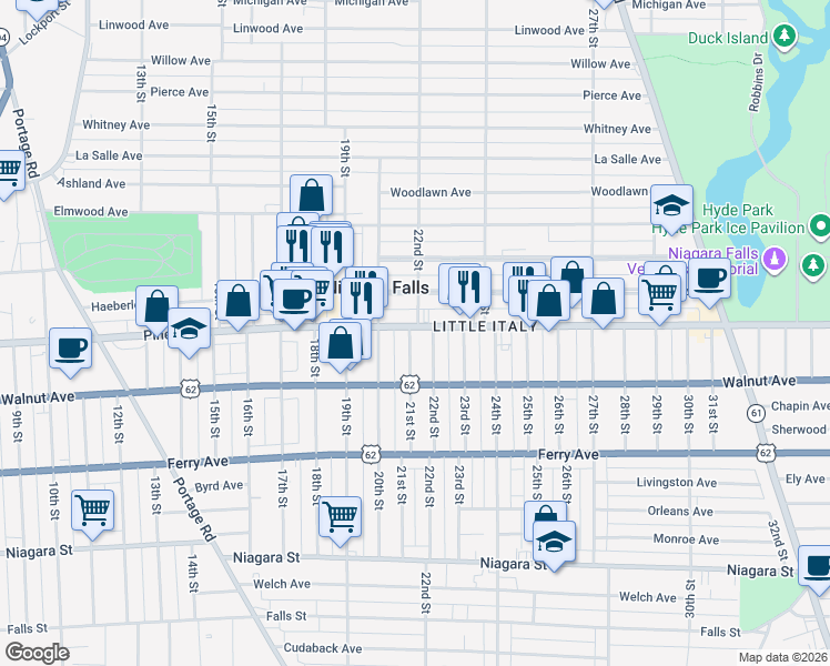 map of restaurants, bars, coffee shops, grocery stores, and more near 2101 Pine Avenue in Niagara Falls