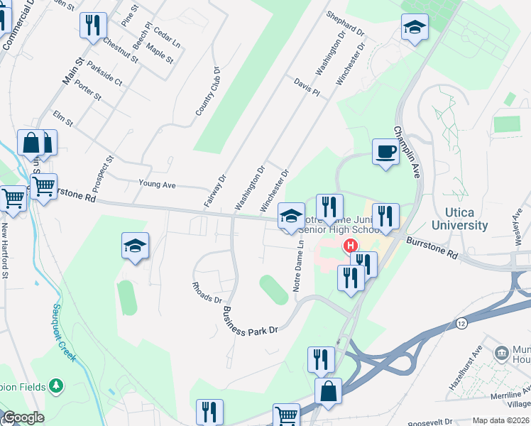 map of restaurants, bars, coffee shops, grocery stores, and more near 1764 Burrstone Rd in New Hartford