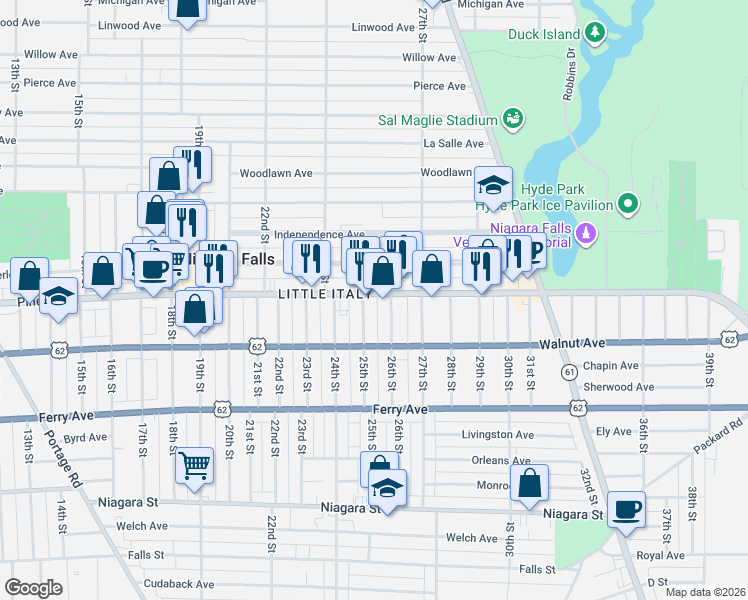 map of restaurants, bars, coffee shops, grocery stores, and more near 2511 Pine Avenue in Niagara Falls