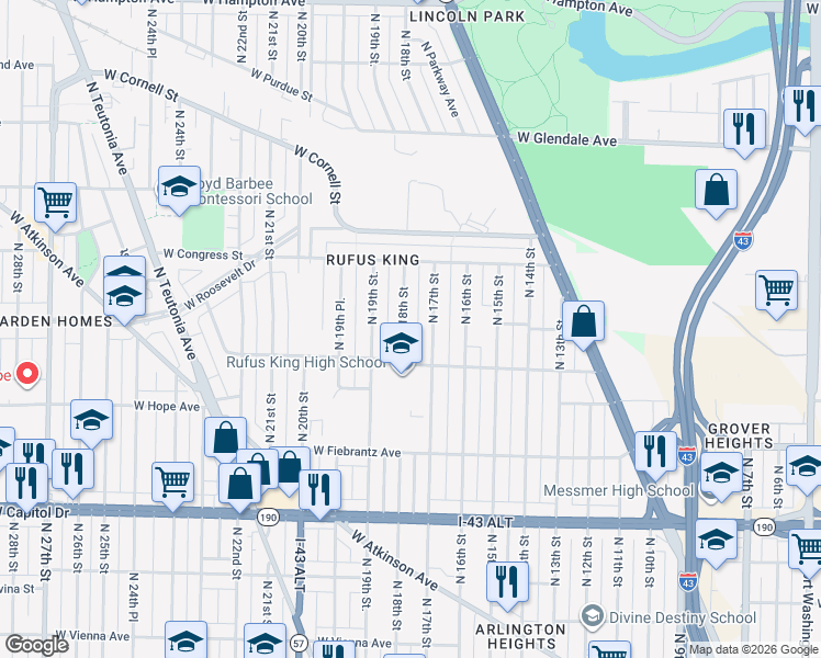 map of restaurants, bars, coffee shops, grocery stores, and more near 4242 North 18th Street in Milwaukee