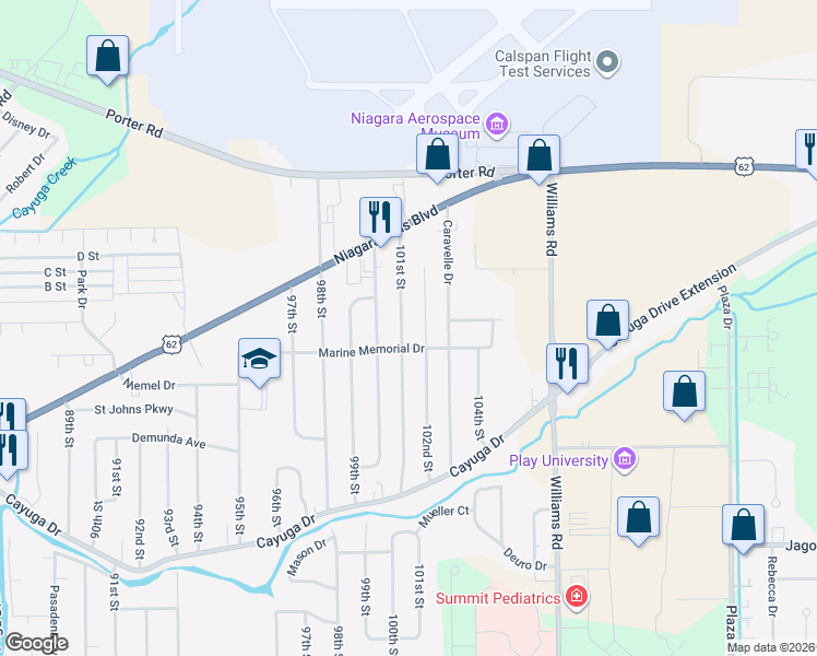 map of restaurants, bars, coffee shops, grocery stores, and more near 1513 101st Street in Niagara Falls