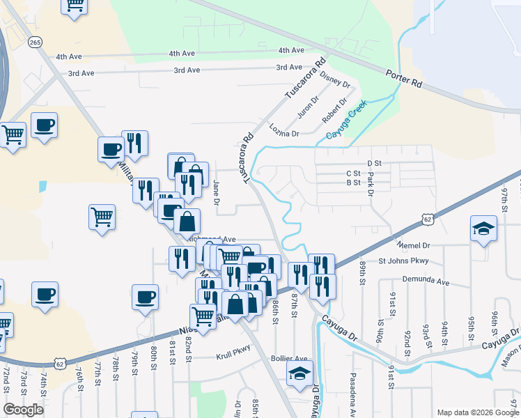 map of restaurants, bars, coffee shops, grocery stores, and more near 1604 Tuscarora Road in Niagara Falls