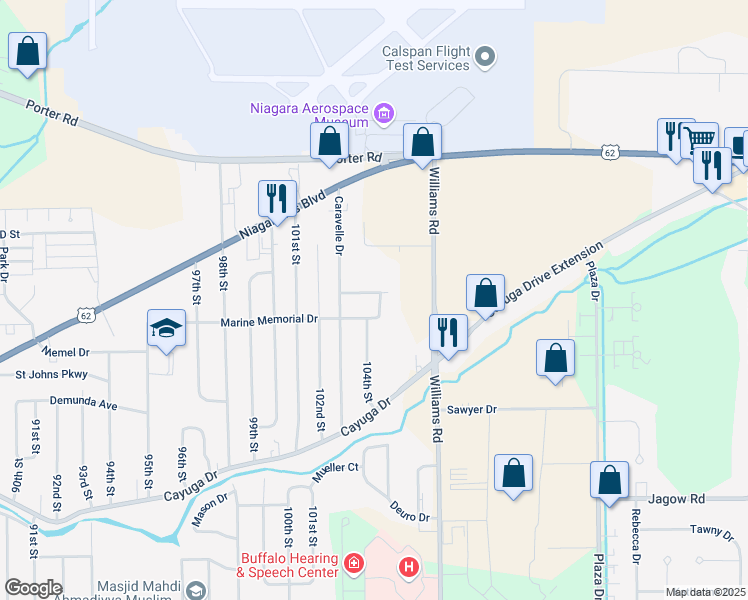 map of restaurants, bars, coffee shops, grocery stores, and more near 10321 Loretta Drive in Niagara Falls