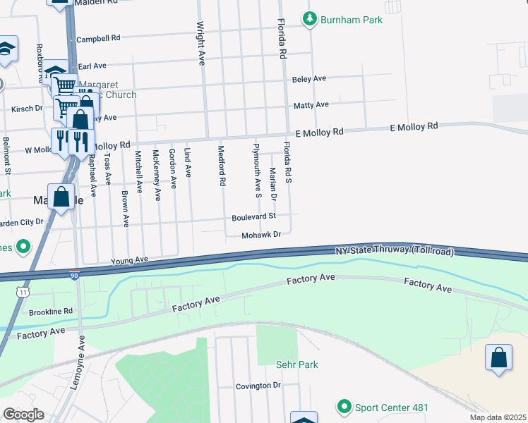 map of restaurants, bars, coffee shops, grocery stores, and more near 1001 Boulevard Street in Syracuse