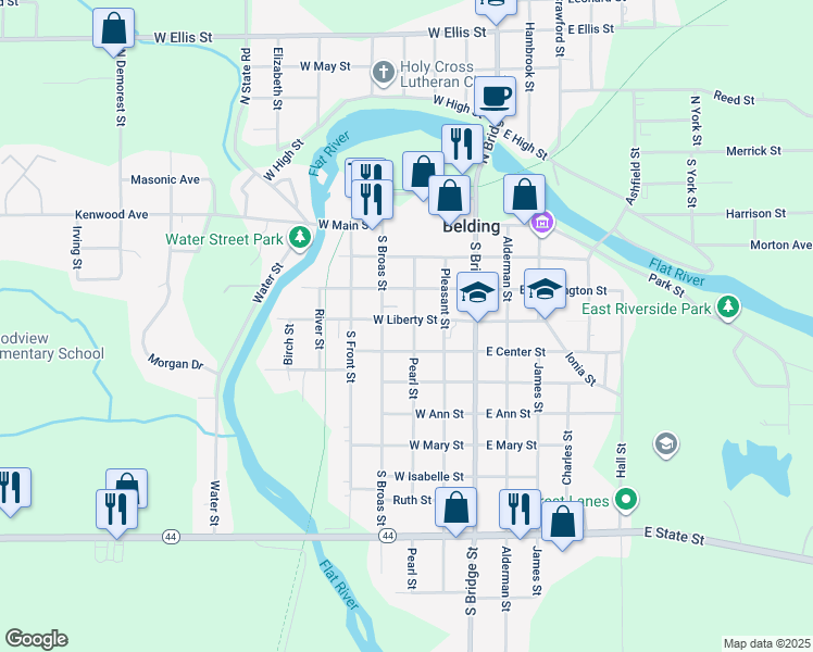map of restaurants, bars, coffee shops, grocery stores, and more near 319 West Liberty Street in Belding
