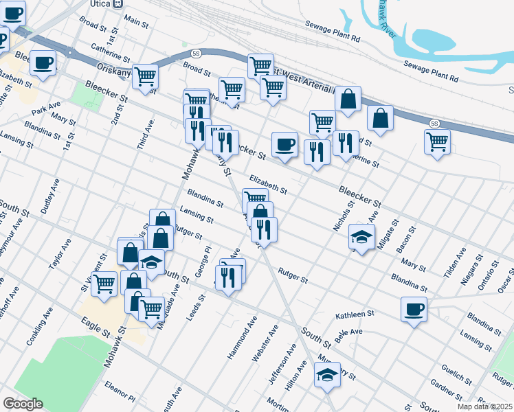 map of restaurants, bars, coffee shops, grocery stores, and more near 770 Mary St in Utica