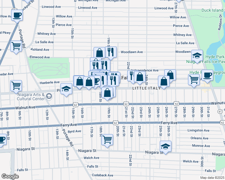 map of restaurants, bars, coffee shops, grocery stores, and more near 1923 Pine Avenue in Niagara Falls