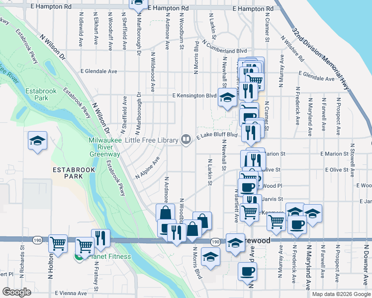 map of restaurants, bars, coffee shops, grocery stores, and more near 4349 North Morris Boulevard in Shorewood